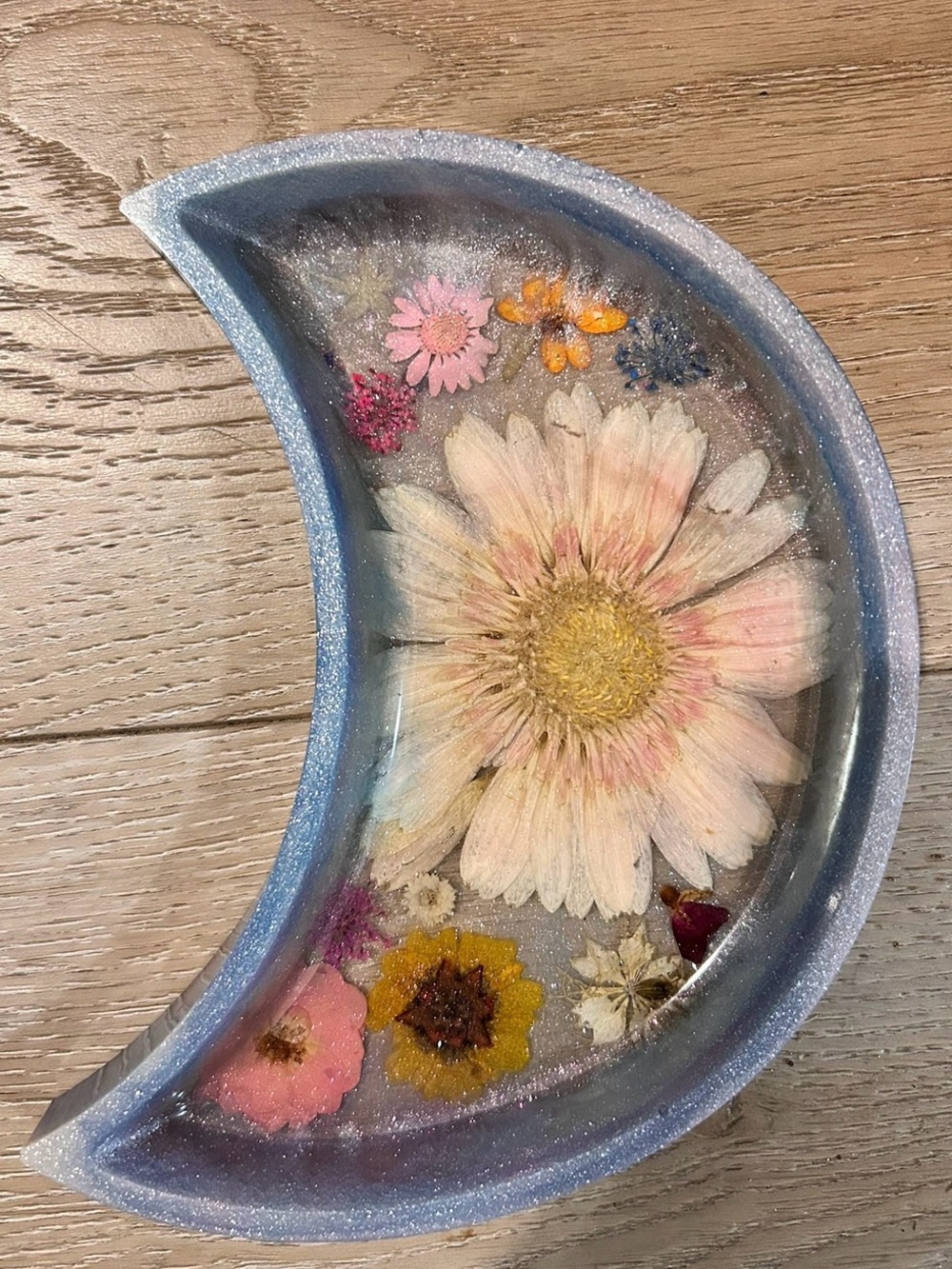 Handmade Resin Moon Tray with Pressed Flowers - Blue and Pink WINDOW SUN CATCHER